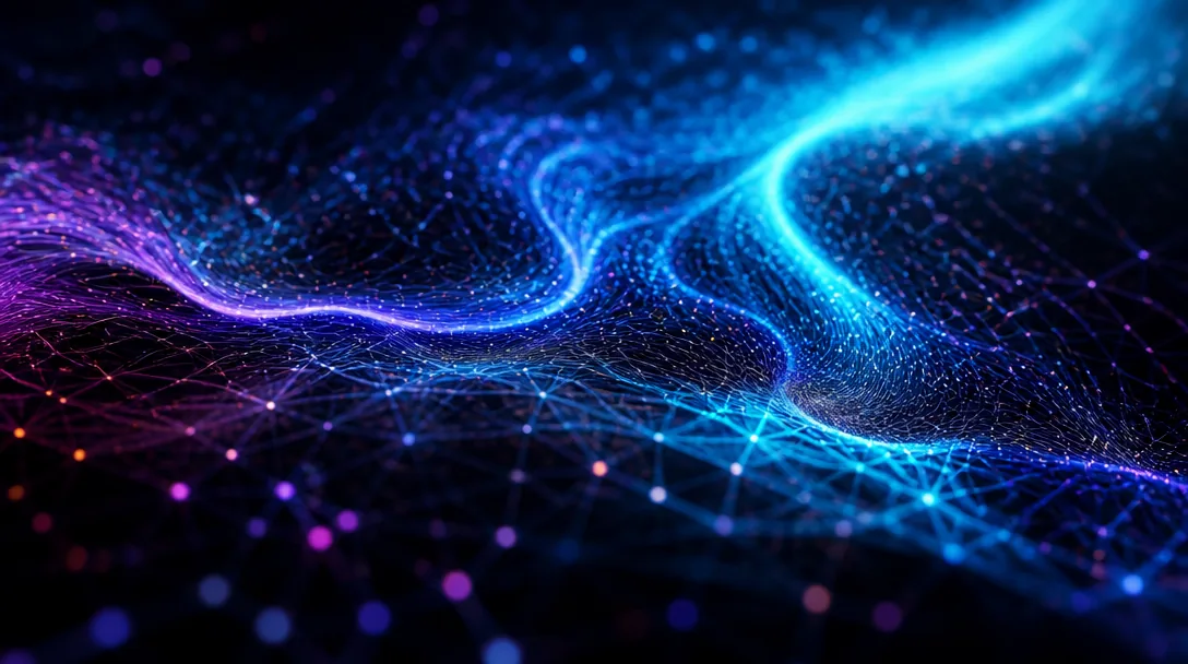 Abstrakt AI-visualisering av bildgenerering med indigo och cyan glödande partiklar