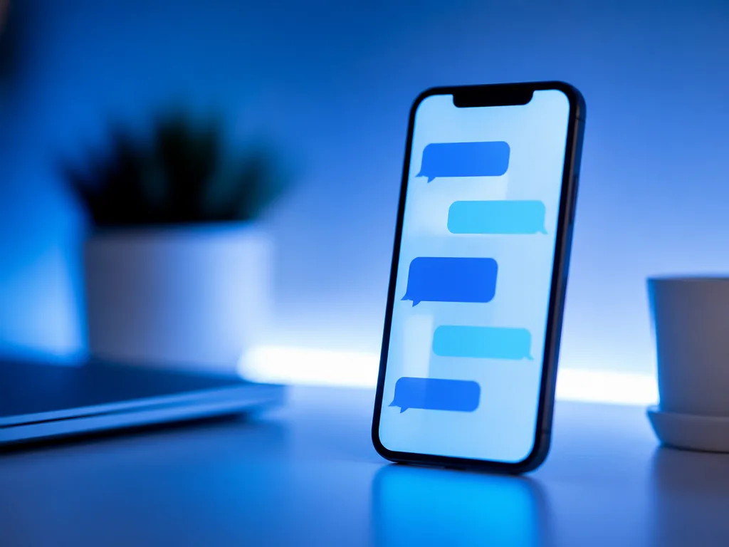 Smartphone med lysande chatbubblor i blåvitt sken mot ett minimalistiskt skrivbord