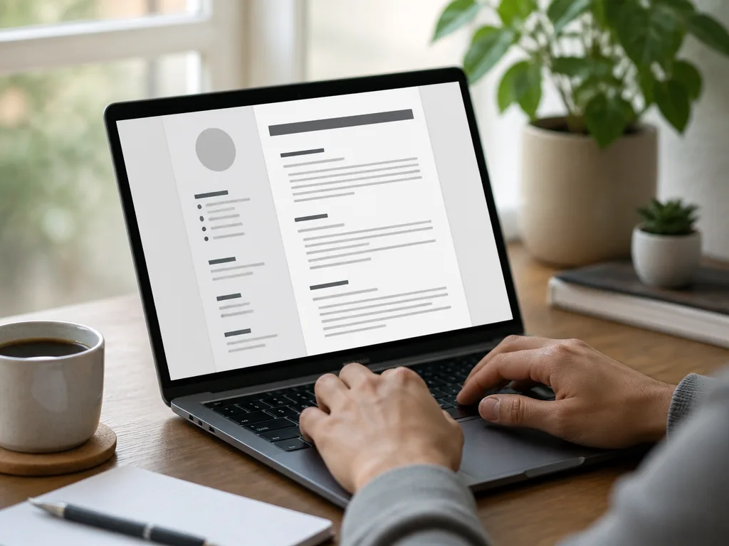 Händer som skriver på en laptop med ett rent CV-dokument på skärmen, kaffekopp bredvid tangentbordet