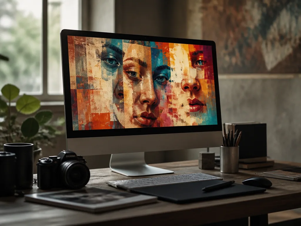 Kreativ digital arbetsplats med monitor som visar färgglada abstrakta porträttfragment och kamera på skrivbordet i mjukt fönsterljus