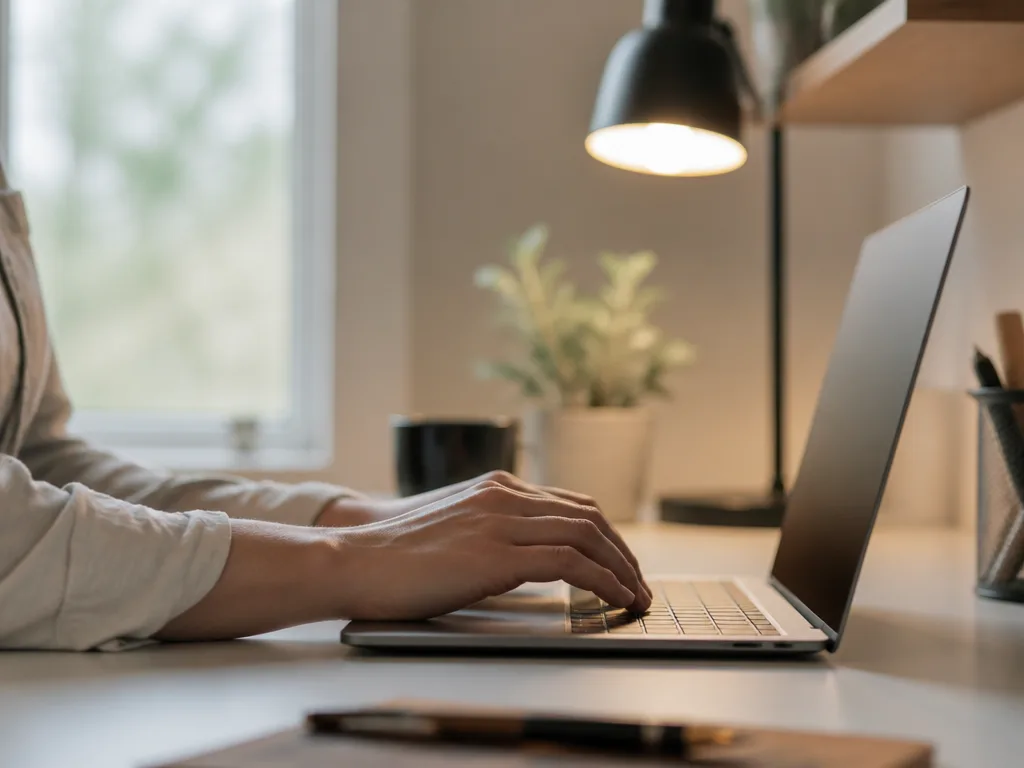 Händer som skriver på ett laptop-tangentbord vid ett minimalistiskt skrivbord med mjukt lampljus