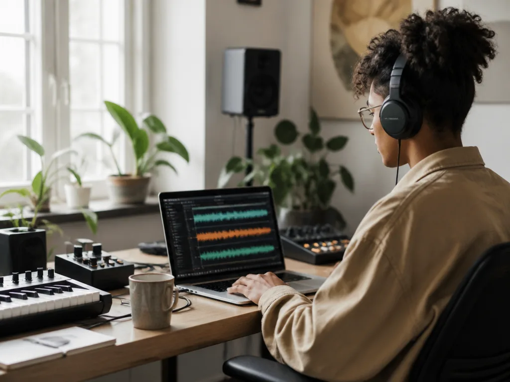 Person med hörlurar vid ett modernt musikproduktionsbord med färgglada ljudvågor på en laptop