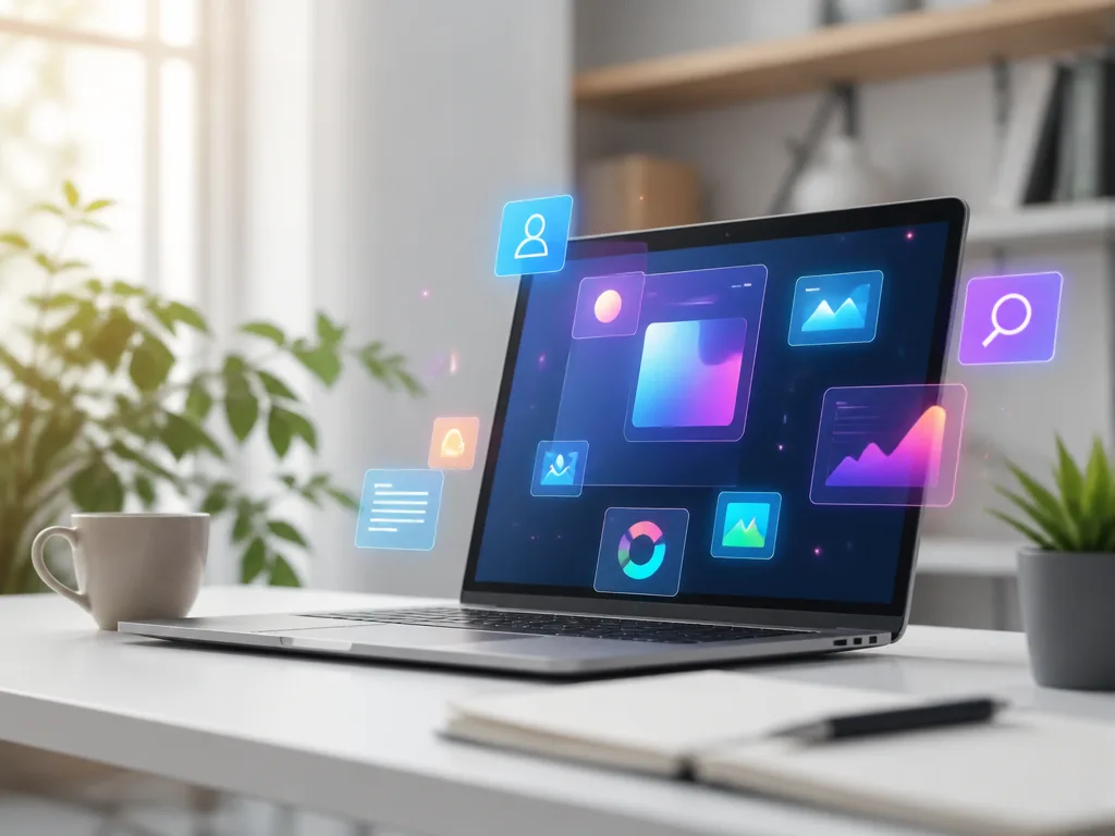 Modern arbetsplats med laptop och glödande digitala AI-verktygsikoner i ett minimalistiskt kontorslandskap
