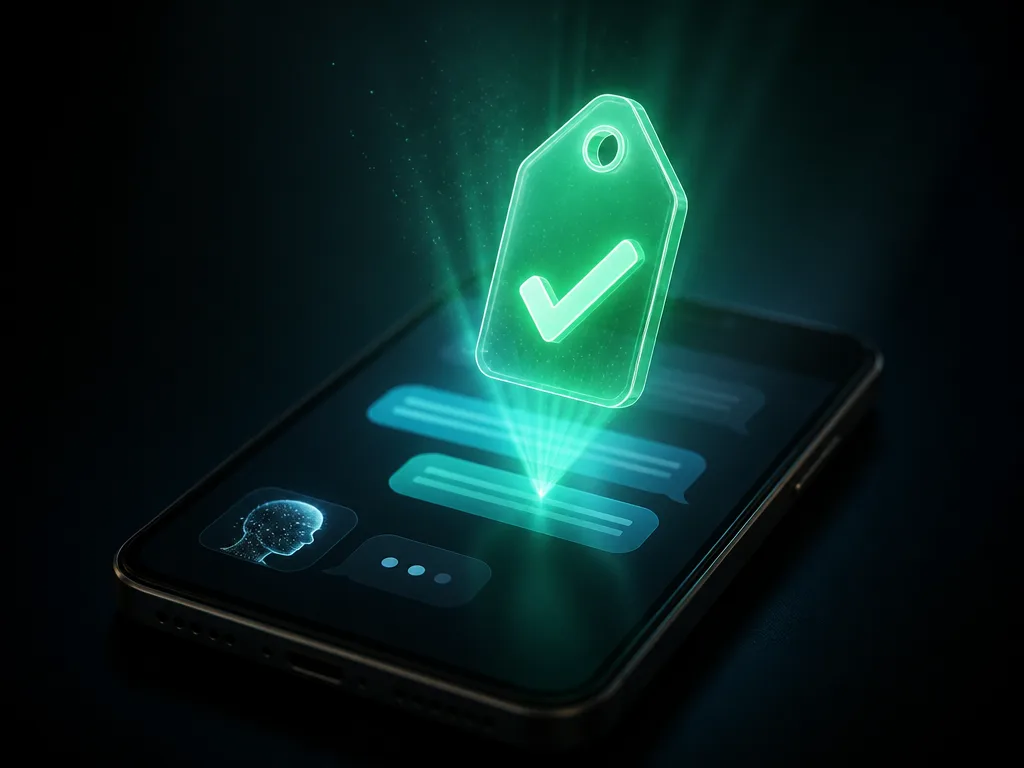 Abstrakt digital illustration med glödande grön bockmarkering ovanför ett AI-chattgränssnitt mot mörk bakgrund