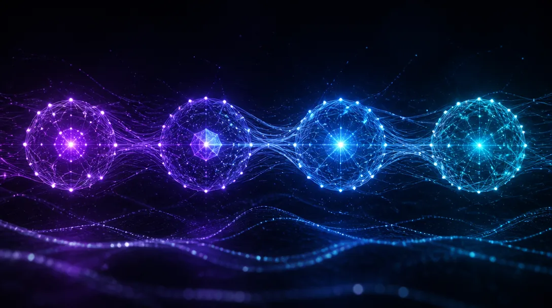 Abstrakt visualisering av fyra sammankopplade AI-noder i elektrisk indigo och cyan