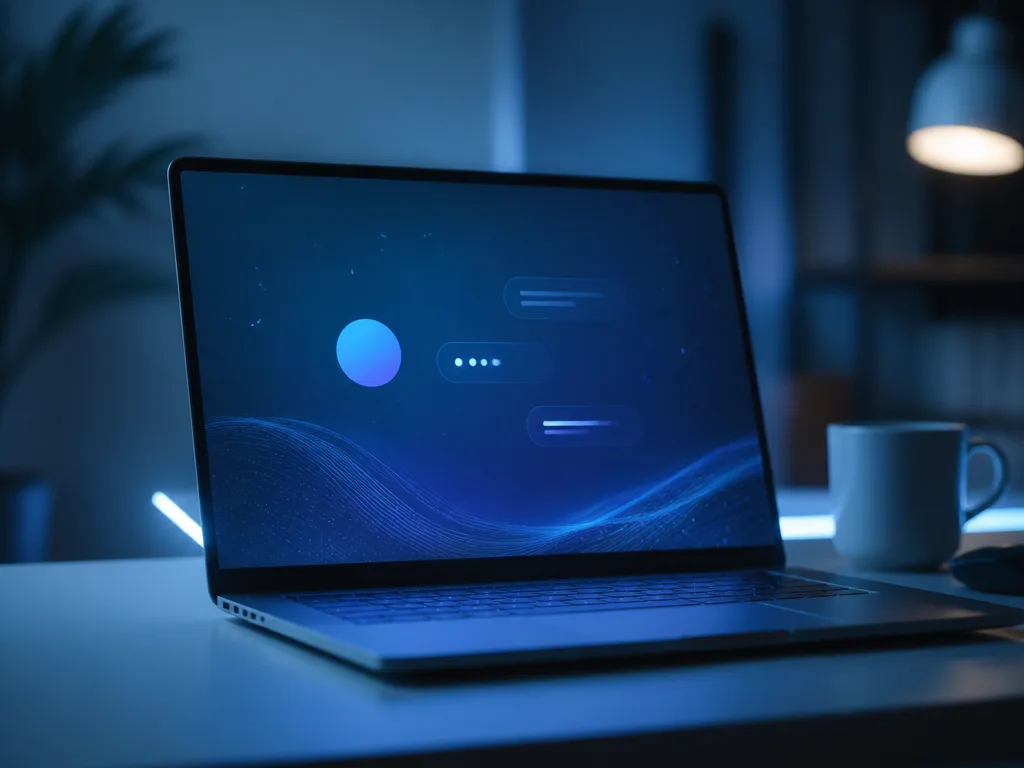 Laptop med ett glödande AI-chattgränssnitt i blått ljus på ett modernt skrivbord