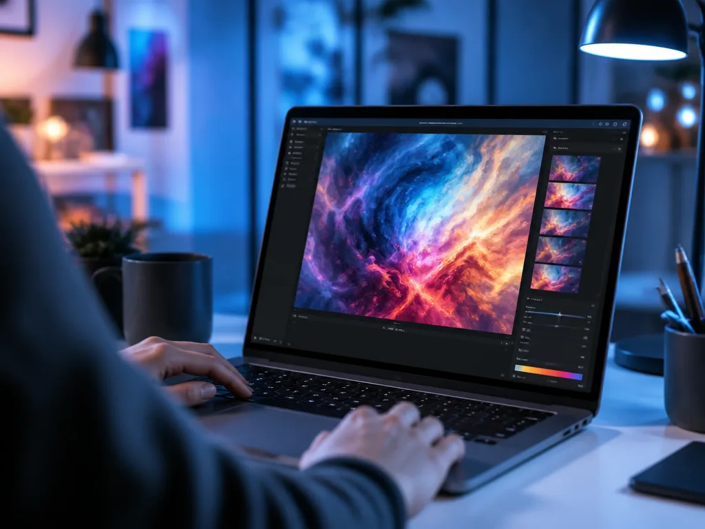 Glödande AI-bildgenereringsgränssnitt på en laptopskärm med abstrakta färgstarka mönster i ett modernt kontor