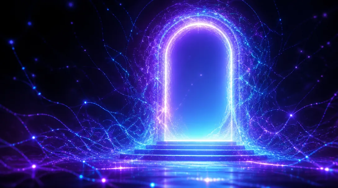 Abstrakt portal av glödande linjer som leder in i ett digitalt rum, indigo och cyan