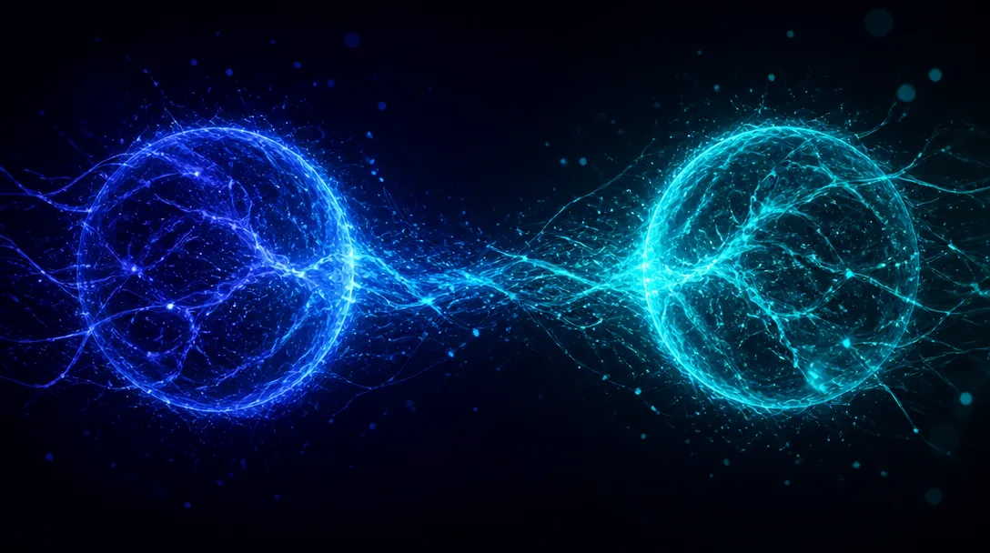Abstrakt visualisering av två AI-energisfärer som möts på mörk indigo bakgrund med neural dataström i indigo och cyan