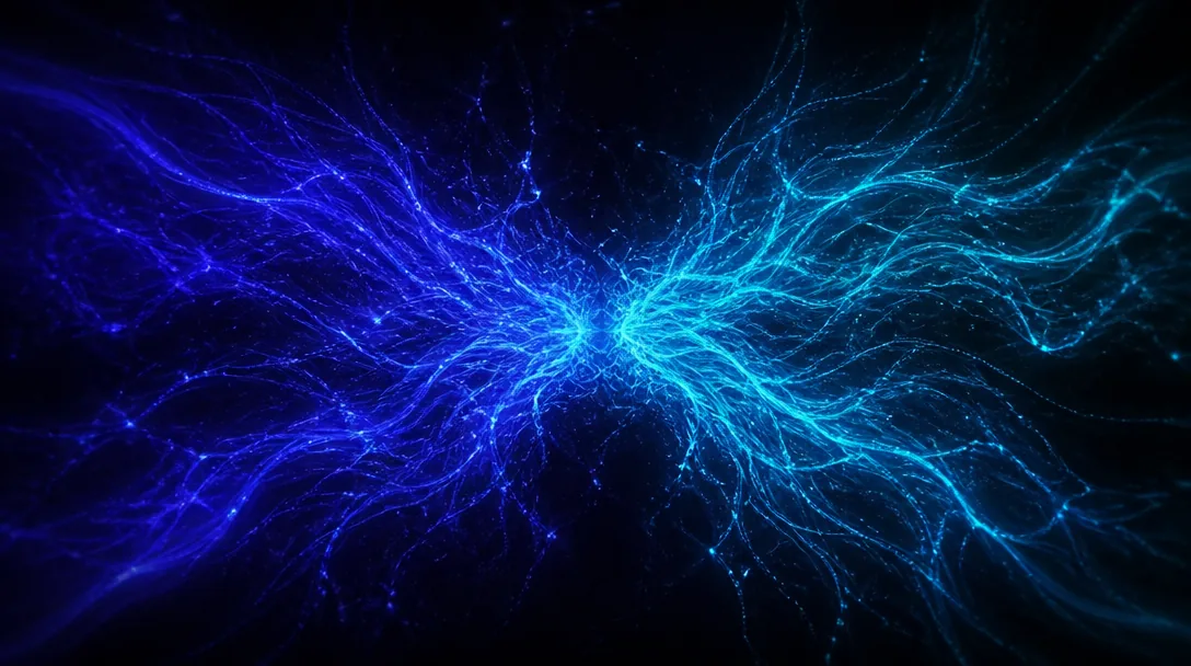 Abstrakt visualisering av två sammanflätade energifält på mörk indigo bakgrund — en neural dataström i indigo och cyan