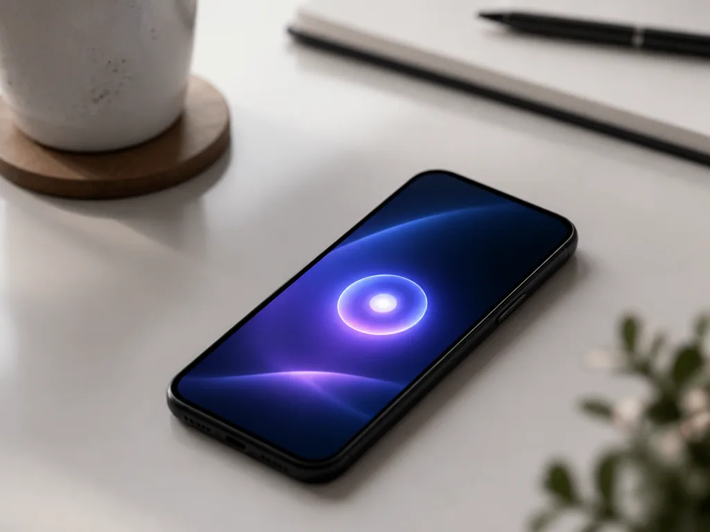 Abstrakt visualisering av en AI-assistent som lyser i blått och lila på en smartphoneskärm