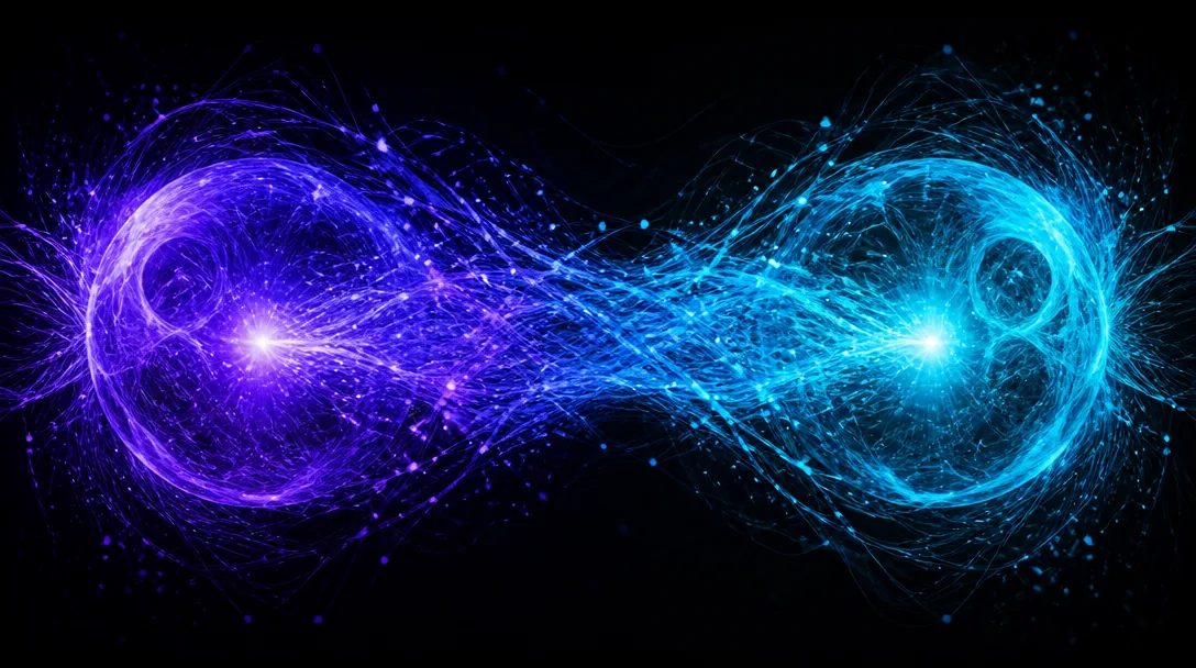 En abstrakt visualisering av två AI-energifält — ett i indigo och ett i cyan — som möts mot en mörk bakgrund