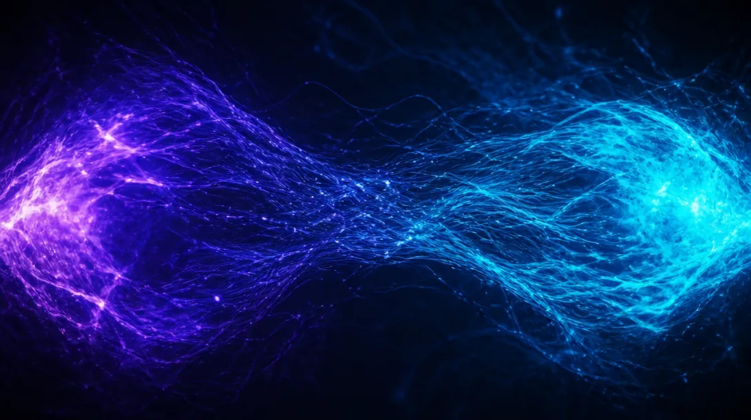 Abstrakt visualisering av två AI-energifält i indigo och cyan som möts mot mörk bakgrund