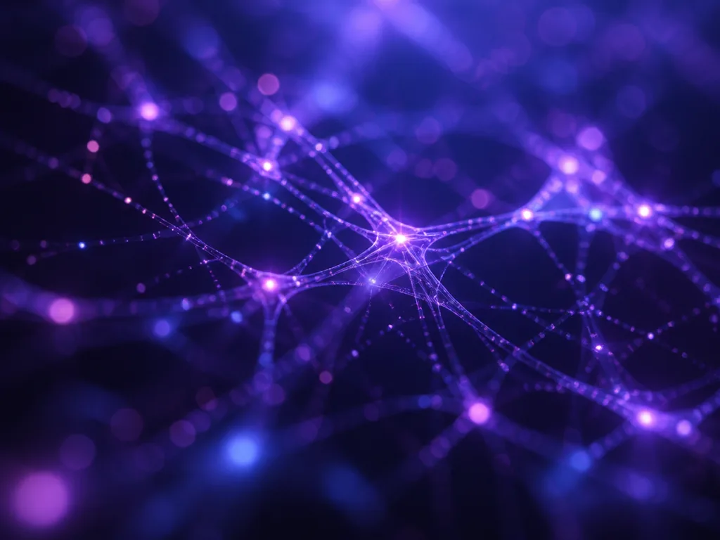 Abstrakt visualisering av ett glödande neuralt nätverk i indigo och violett
