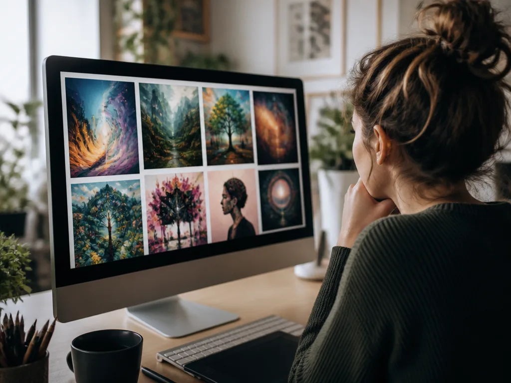 Person som bläddrar i ett galleri av AI-genererade bilder på en datorskärm i ett modernt arbetsrum