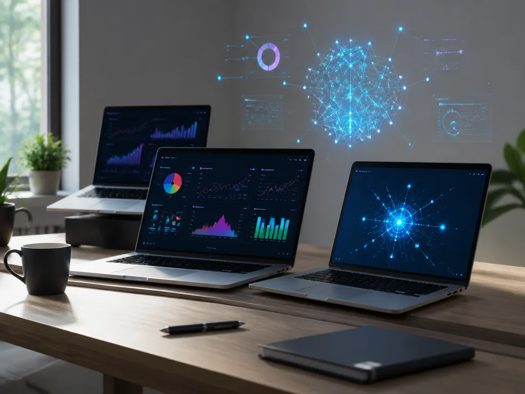 Modern skrivbord med laptops som visar färgglada AI-gränssnitt och datadashboards i ett minimalistiskt kontorsutrymme