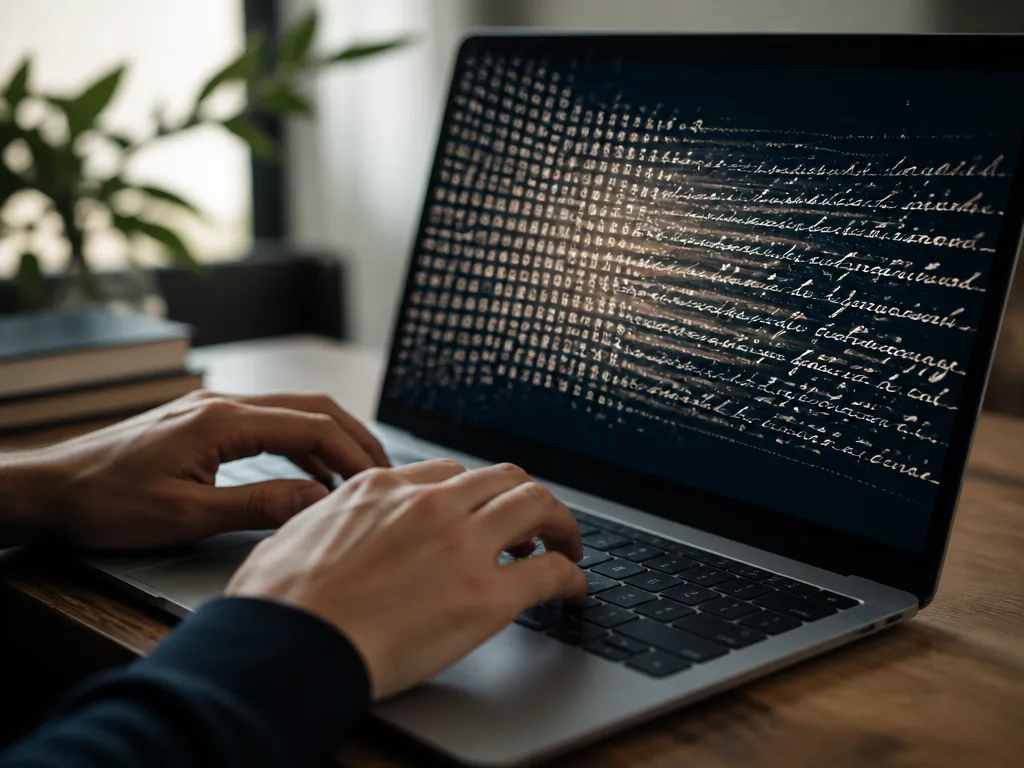 Händer som skriver på laptop med text som omvandlas från mekaniska tecken till handstil på skärmen