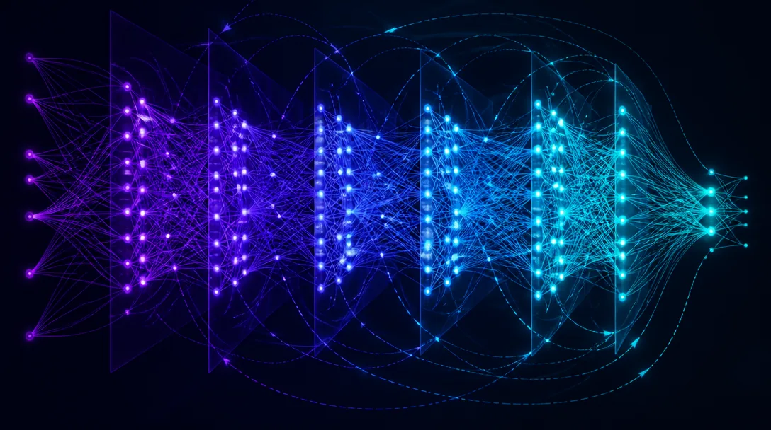 Abstrakt illustration av djupa neurala nätverkslager med indigo-till-cyan energiflöde