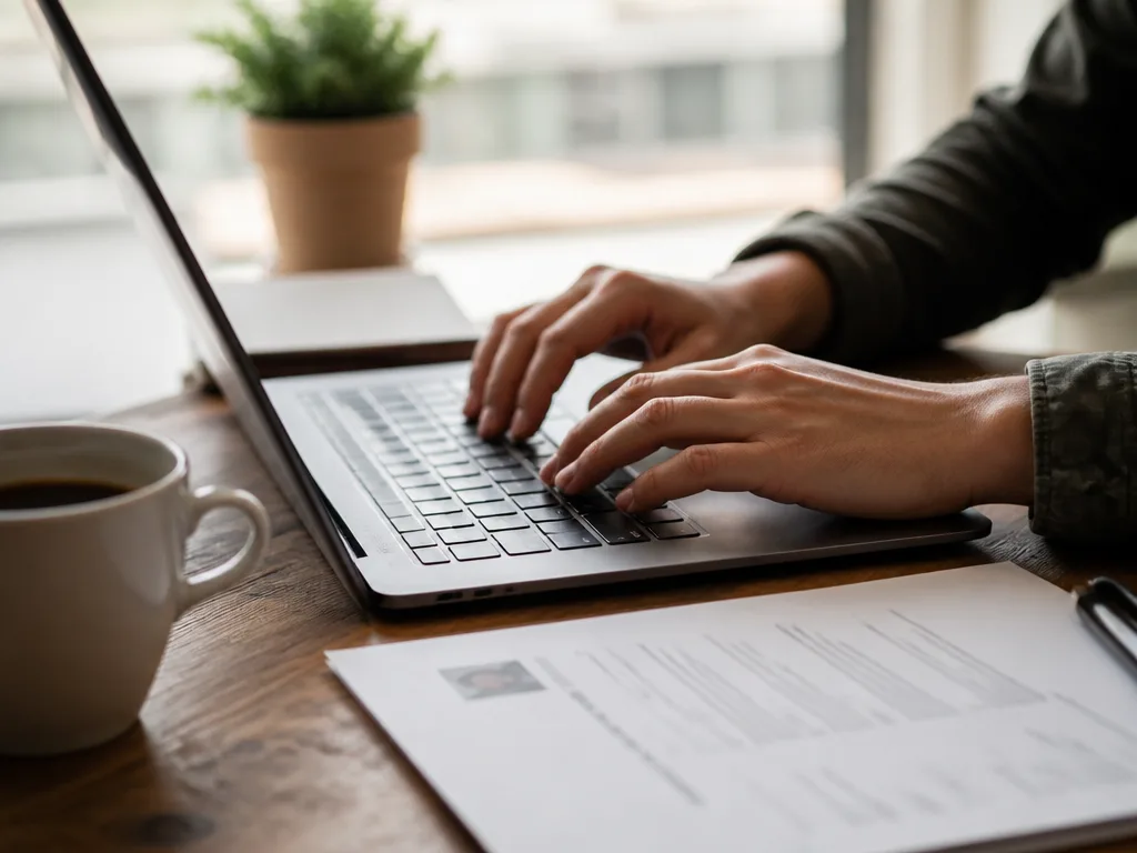 Person som skriver ett personligt brev på laptop bredvid ett utskrivet CV och en kaffekopp