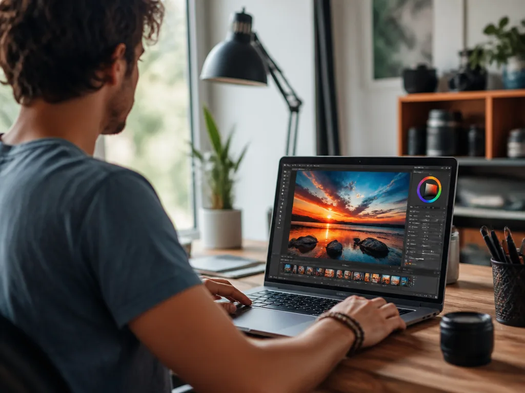 Person redigerar foton med AI-verktyg på laptop i ljust modernt kontor
