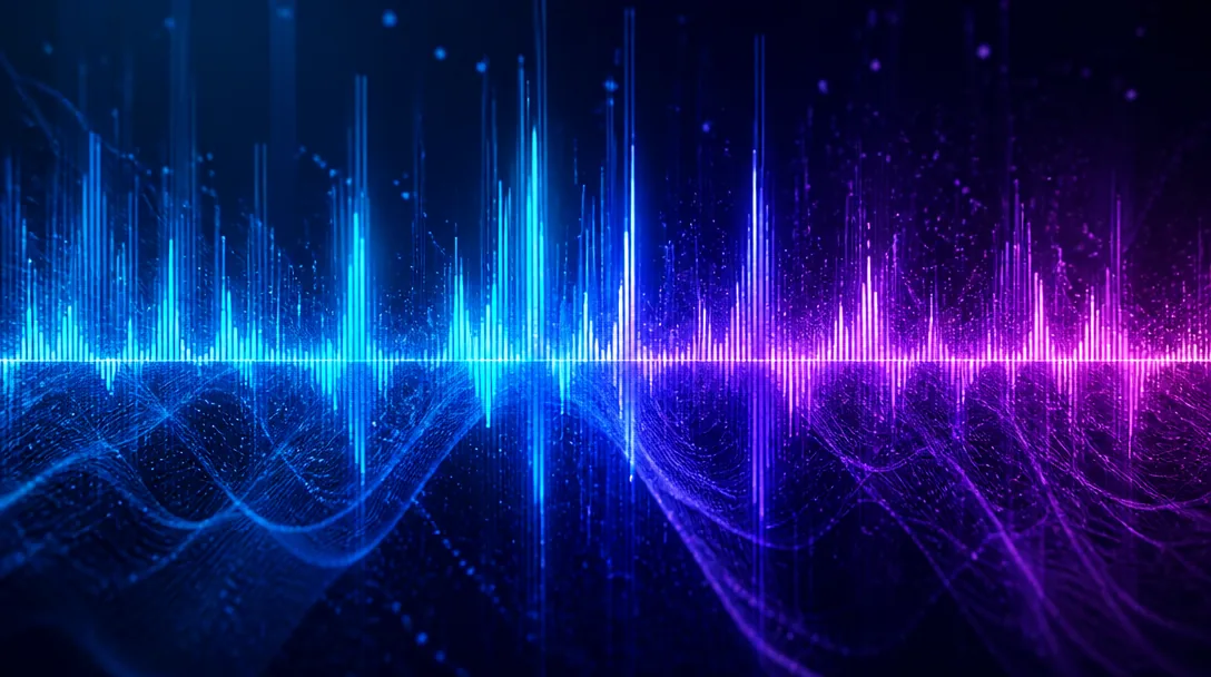Abstrakt spektrumvisualisering i indigo och cyan representerar AI-musikgenerering