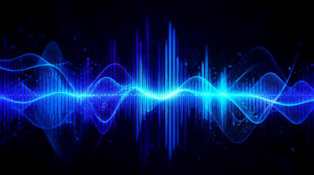 Abstrakt frekvensmönster som glöder i indigo och cyan mot mörk bakgrund, representation av AI-genererad musik