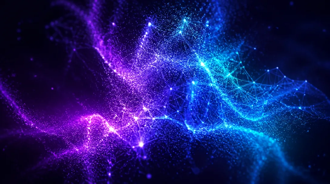 Generativt färgmoln som tar form till en bild, gradient från violett till cyan