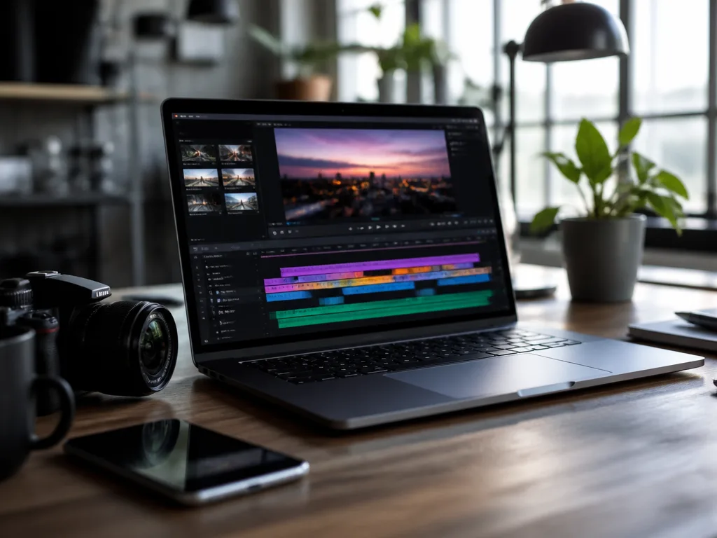 Kreativ arbetsplats med laptop som visar ett färgglatt videoredigeringsgränssnitt med tidslinje och uppspelningskontroller i mjukt fönsterljus