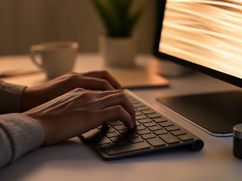 Händer som skriver på ett modernt tangentbord med lysande textflöden på en skärm i bakgrunden