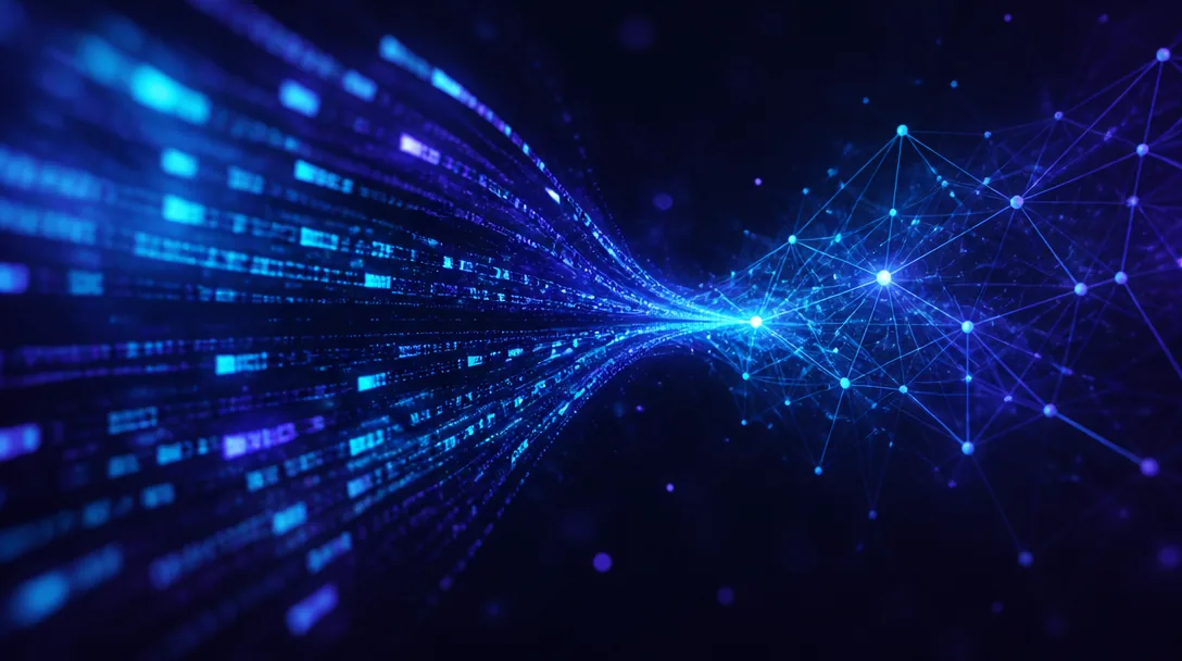 Abstrakt AI-visualisering med glödande cyan- och indigopartikelströmmar mot mörk rymdliknande bakgrund