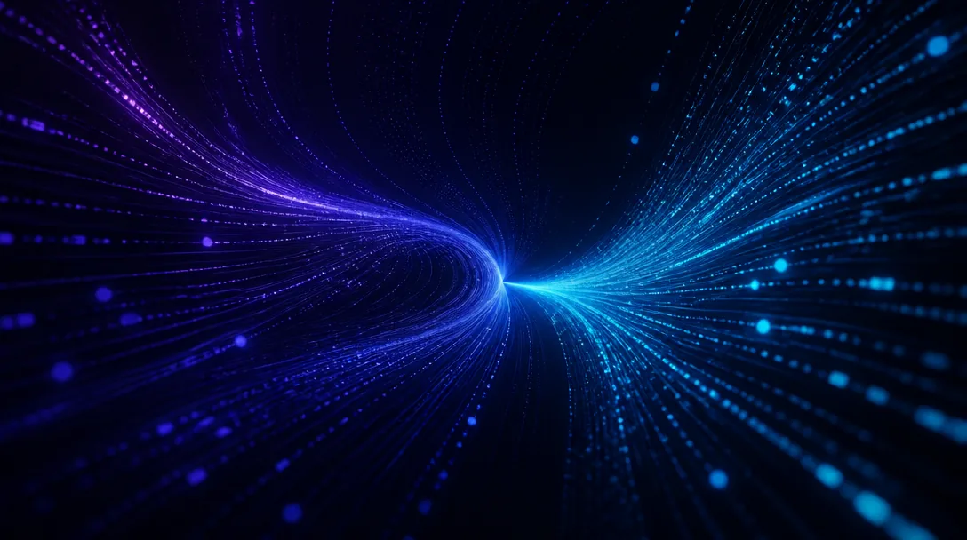 Abstrakt AI-visualisering med glödande indigo- och cyan-dataströmmar mot mörk bakgrund