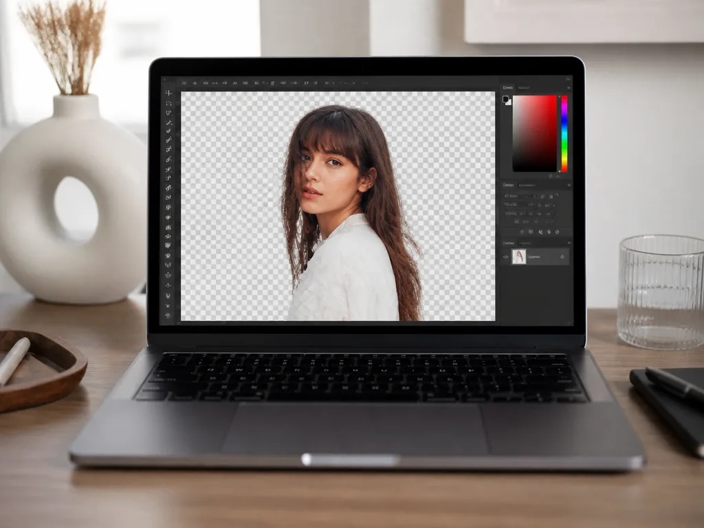 Laptop med foto där motivet lagts på en transparent, rutig bakgrund i ett bildredigeringsprogram