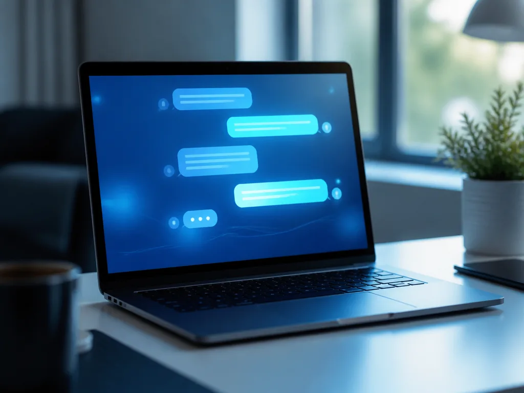 Laptop på modernt skrivbord med glödande chattgränssnitt på skärmen i blått ljus