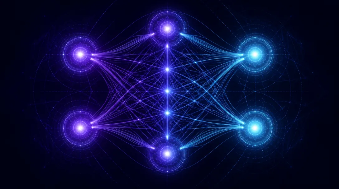 Anatomin av en bra AI-prompt — de sex elementen visualiserade som ljusflöde in i ett neuralt fält