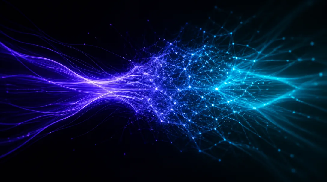 Abstrakt visualisering av en AI-prompt — glödande indigo och cyan ljusströmmar flödar in i ett neuralt fält mot mörk bakgrund